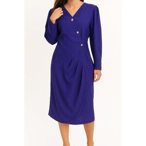 Vintage 80s 90s Purple Formal Gown Dress V-Neck Ruched Draped Rhinestone Sz 13